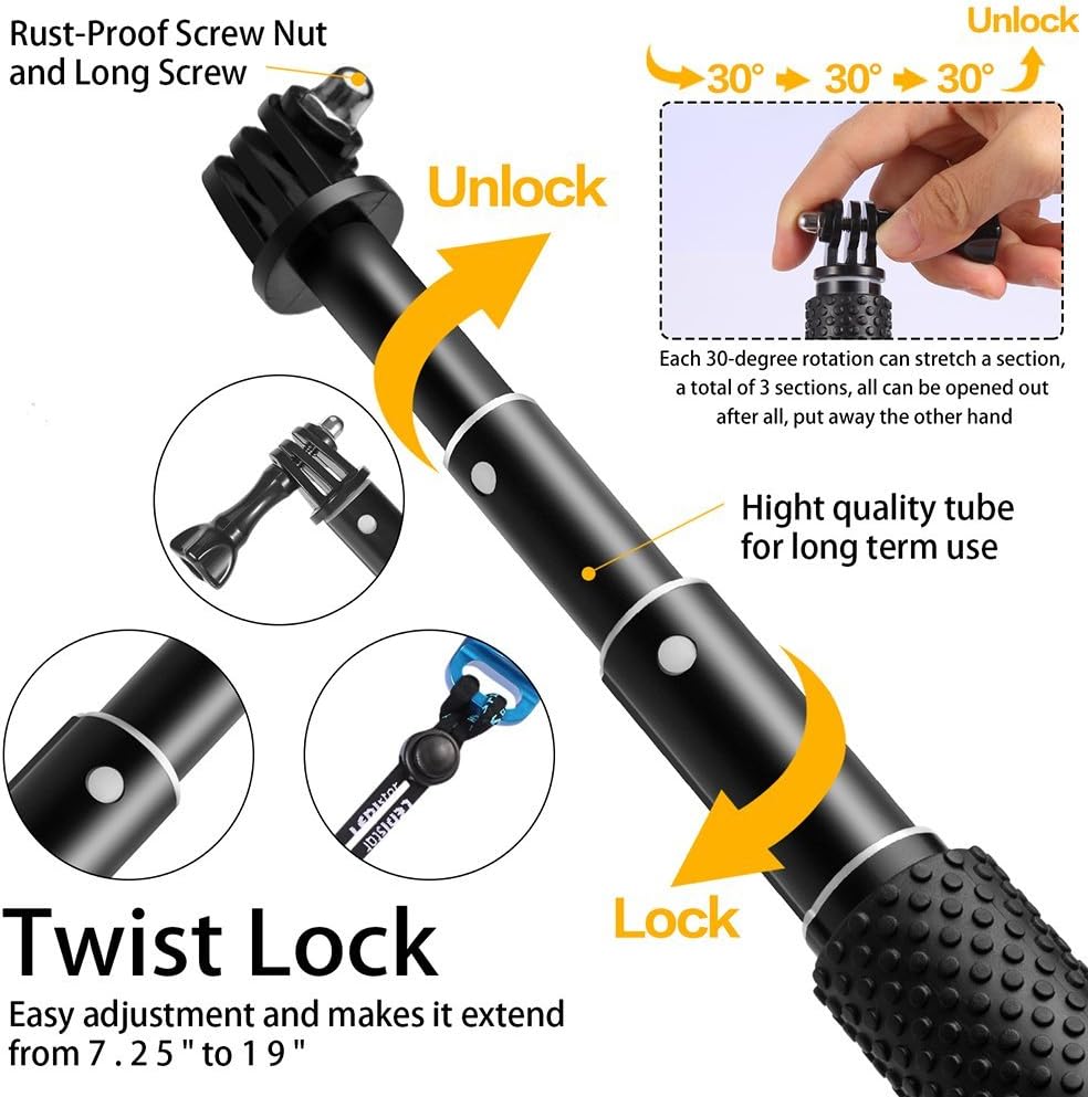 Foretoo Selfie Stick for GoPro,19”Waterproof Hand Grip Adjustable Extension Monopod Pole for Gopro Hero 6 5 4 3+3 2 1 AKASO, Xiaomi Yi,SJCAM SJ4000 SJ5000 SJ6000 (with Wrist Strap and Screw)