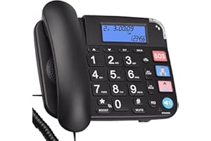 FLIGBLZ Senior Telephone Landline Phone with Hearing Aid Function, Big Button for Elderly with Backlight Display/Mute/Pause/Redial, Phone for Alzheimer's Disease & Enlarged (Black)