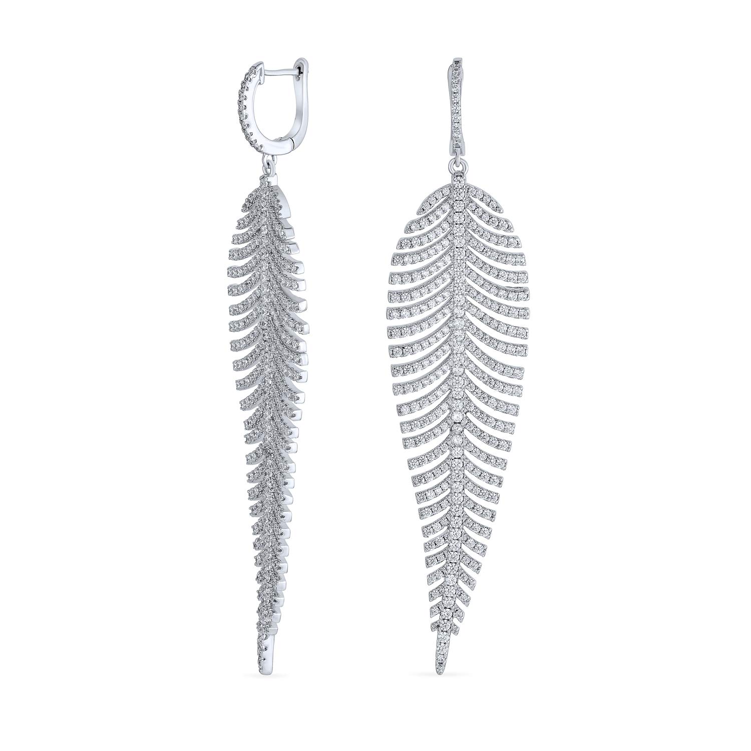 Modern Statement Bride Bridal Large Long Linear Leaf Pave CZ Cubic Zirconia Chandelier Earrings For Women Wedding Prom Rhodium Plated