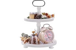 Urban Deco Wooden Decorative Tray Two Tiered Trays Decorations Round Serving Tray with Metal Handle, Wooden Cupcake Stand for Party Tiered Dessert Stand - Retro White Farmhouse Wood Tray