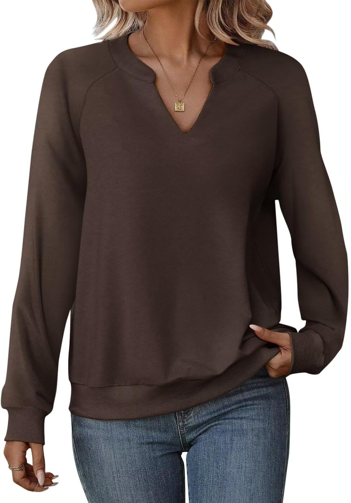 Pullover Women's Long Sleeve Shirt Women's V-Neck Tops Elegant Soft Autumn Fashion Casual Plain T-Shirts