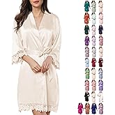 WJing Yi Jia Womens Silk Robe Satin Robe Silky Kimono Lace Bathrobe Wedding Dressing Gown For Bridal Bride Bridesmaid Robes