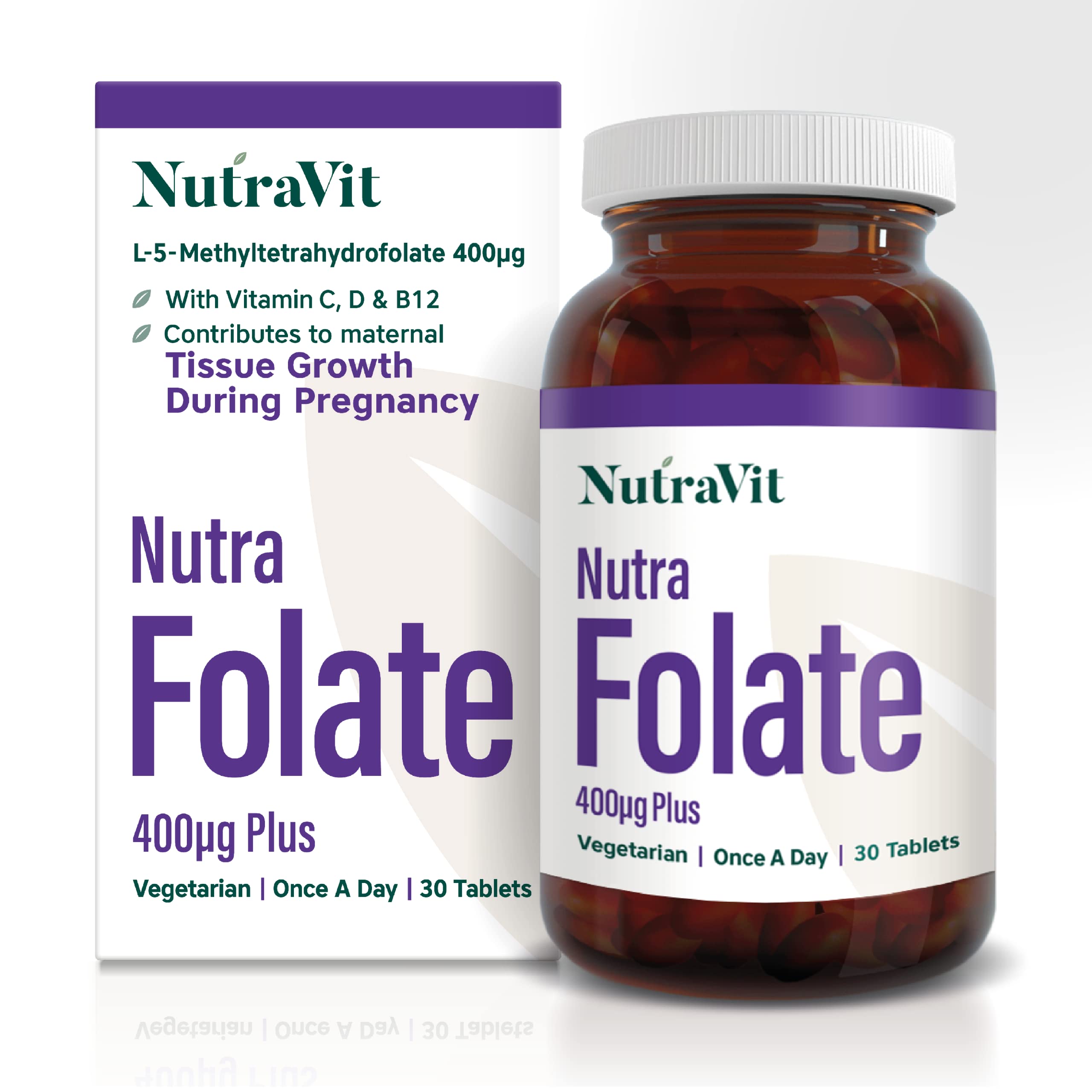 NutraFolate - 400mcg Folic Acid Tablets for Pregnancy and Pre-Pregnancy - Contains Vitamins D, C and B12 - Folate L-Methylfolate Supplement - Suitable for Vegetarians - 30 Tablets - NutraVit