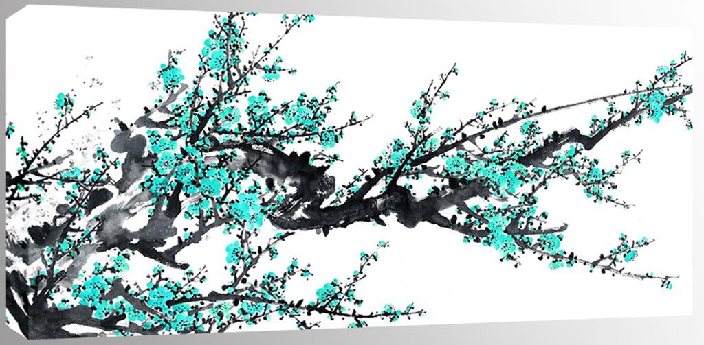 WALL ART INTERIORS Large Duck Egg Blue Turquoise Blossom Canvas on White 113 x 52 cm