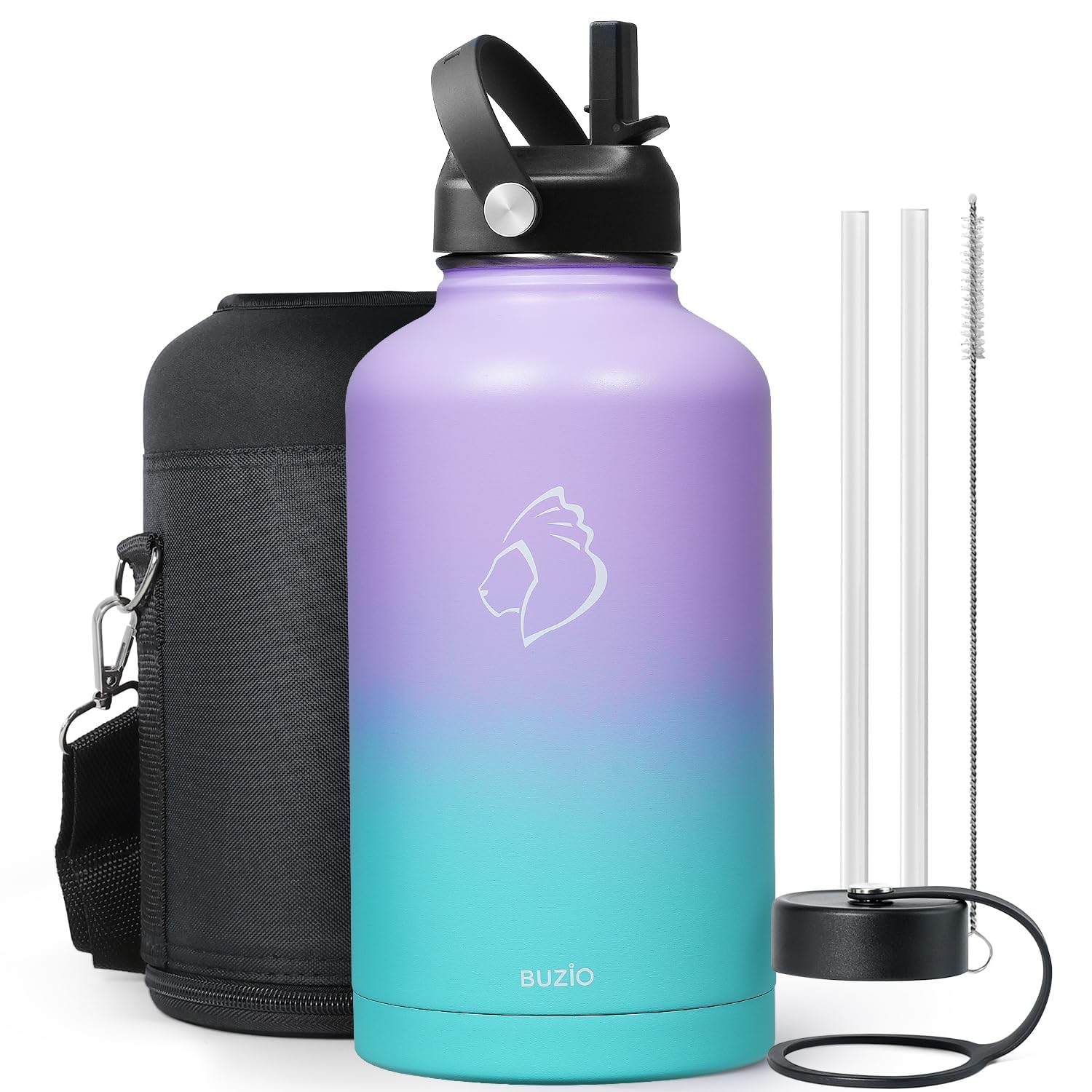BUZIO 64oz Insulated Water Bottle Stainless Steel Double Wall Leak Proof Half Gallon with Straw Lid and Flex Cap (Cold for 48 Hrs) Sports Flask Metal Travel Mug for Hiking, Camping, Purple Green Image