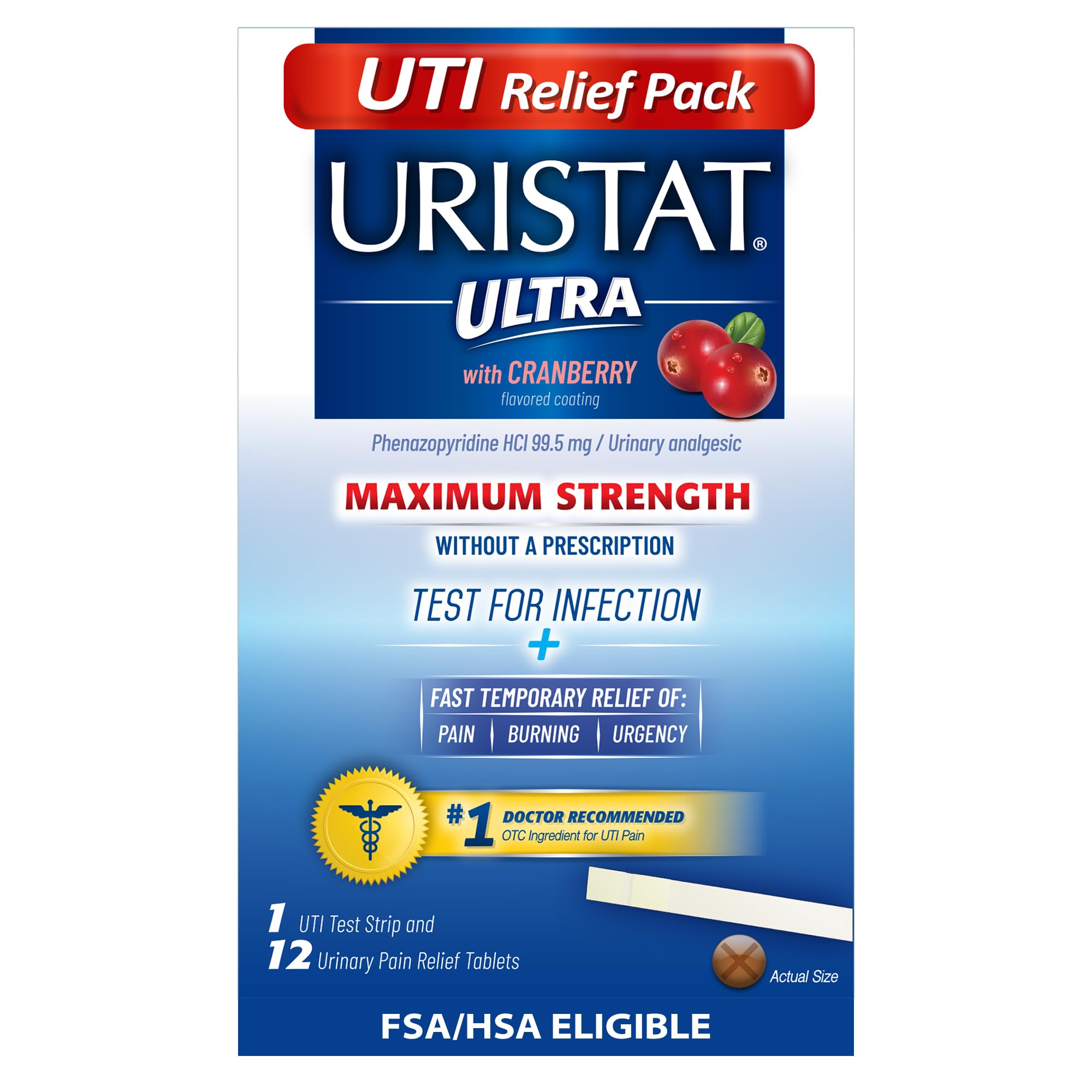Photo 1 of URISTAT Ultra UTI Relief Pak, UTI Treatment for Women and Men, 1 UTI Test Strip and 12 UTI Treatment Tablets, 1 Box
