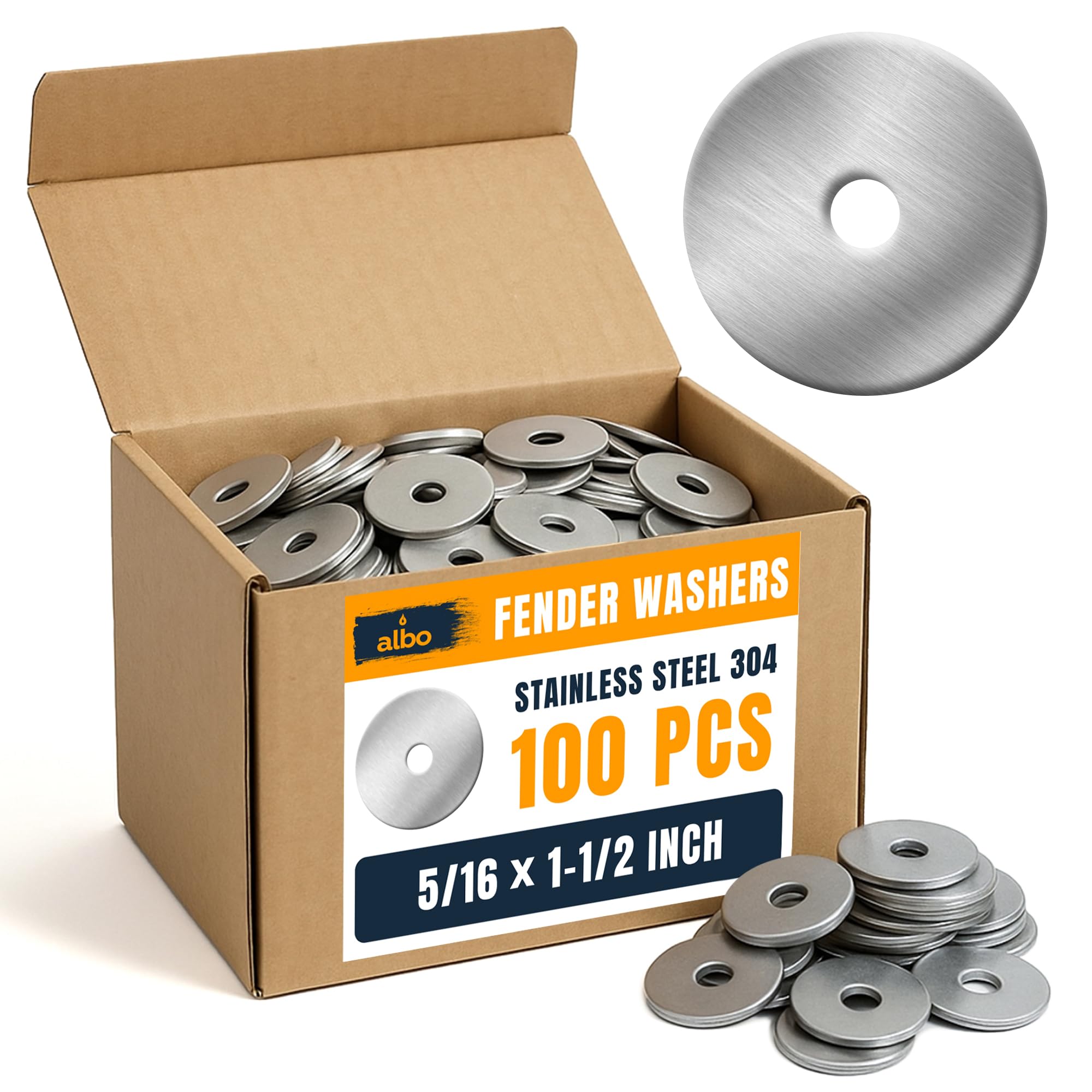 Photo 1 of 100 Pcs Stainless Steel Fender Flat Washers 5/16" x 1-1/2" for Bolts and Screws, 304 Stainless Steel Hardware for Construction and DIY