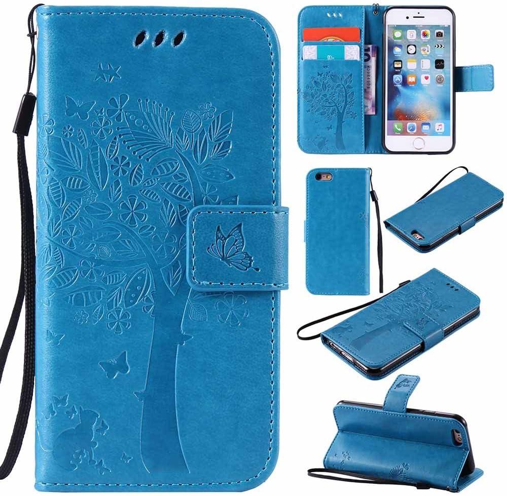 C-Super Mall-UK iPhone 5c Case, Embossed Tree Cat Butterfly Pattern PU Leather Wallet Stand Flip Case for iPhone 5c (Blue)