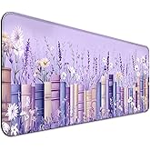 JIANG100 Pretty Wildflower and Book Gaming Desk Mat, Computer Keyboard Large Extended Long Fantasy Floral Mouse Pad for Office and Home, XL, Purple(H05)