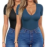 HOTOUCH Deep V Neck Tops for Women Sexy Low Cut Summer Ribbed Knit T Shirts Slim Fit Stretchy Basic Fashion Tee