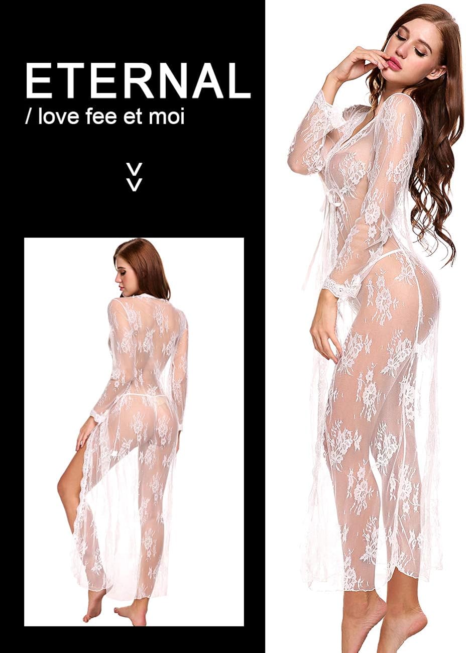 Lingerie for Women Sexy Long Lace Dress Sheer Gown See Through Kimono Robe: Clothing