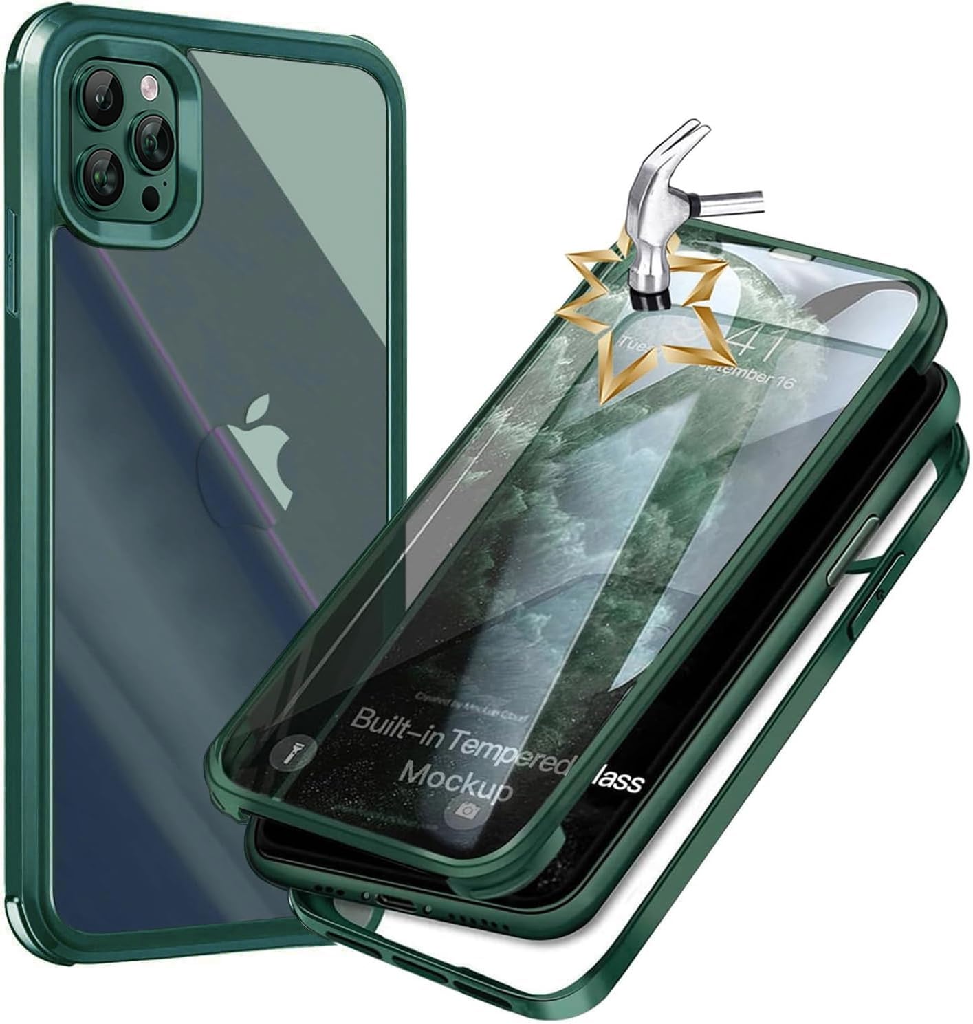 UBUNU for iPhone 13 Pro Max Case with Built in Tempered Glass Screen Protector, Dual Layer Rugged 360 Full Body Protection Shockproof Protective Clear Phone Cover for Men Women, Green