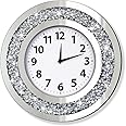DMDFIRST Crystal Crushed Diamond Mirrored Round Wall Clock 16x16x2 inches for Wall Decoration Silver Glass Mirror Clock Sparkle Twinkle Bling Home Decor. AA Battery is not Included.