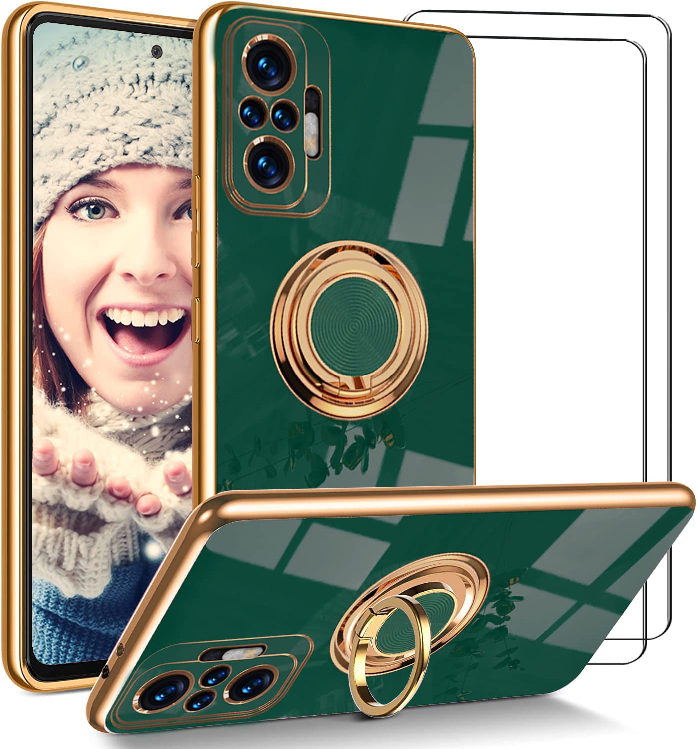 ATISIJIE Woman's Case for Xiaomi Redmi Note 10 Pro/Note 10 Pro Max with 2 Screen Protector, Ring Holder Plating Edge 360° Kickstand Cover Slim TPU Shockproof Protective Phone Case Dark Green