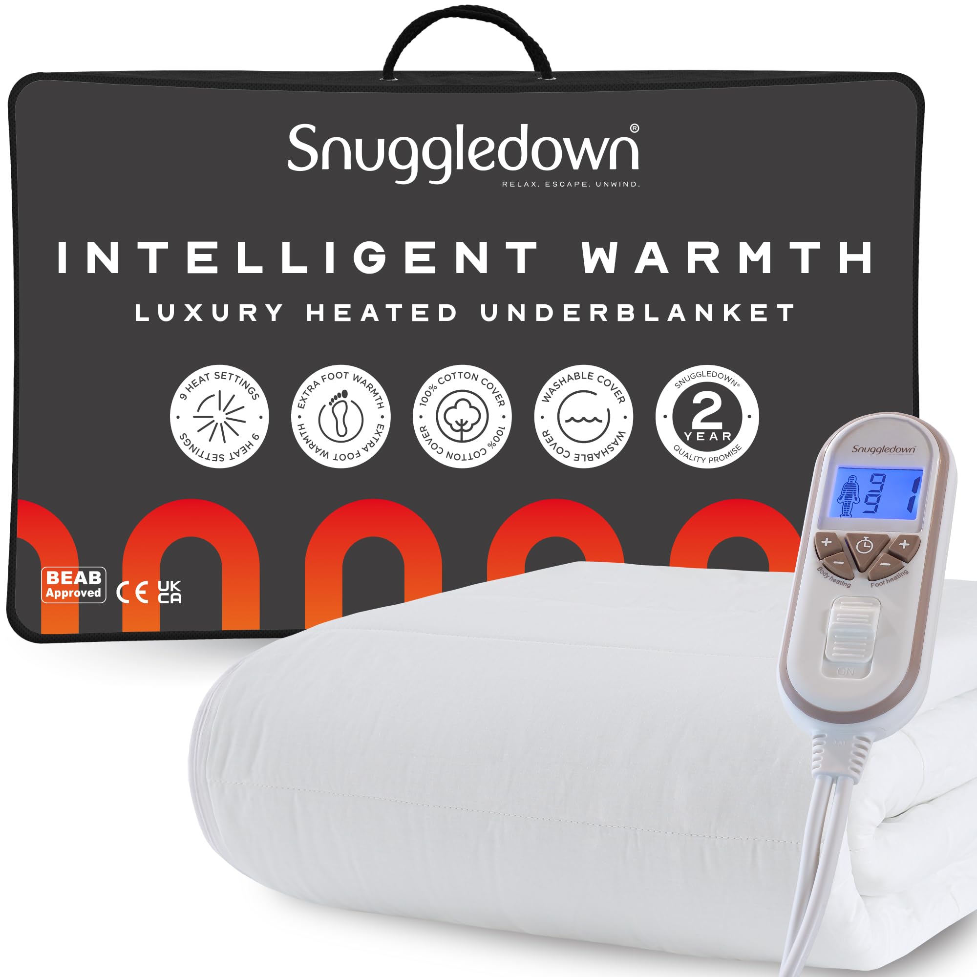 Snuggledown Intelligent Warmth Electric Blanket Single - Luxury Heated Blanket with Foot Warmth & 9-Heat Settings | 100% Cotton Casing, Auto Shut-Off, Washable (90 x 190cm)