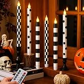 LCZLUMIPRO 6Pcs Halloween Flameless Taper Candles, Remote Black and White Candles, Checked Polka Dot Striped Battery Candlesticks, Flickering Plastic Candles for Table Window Fall Decor