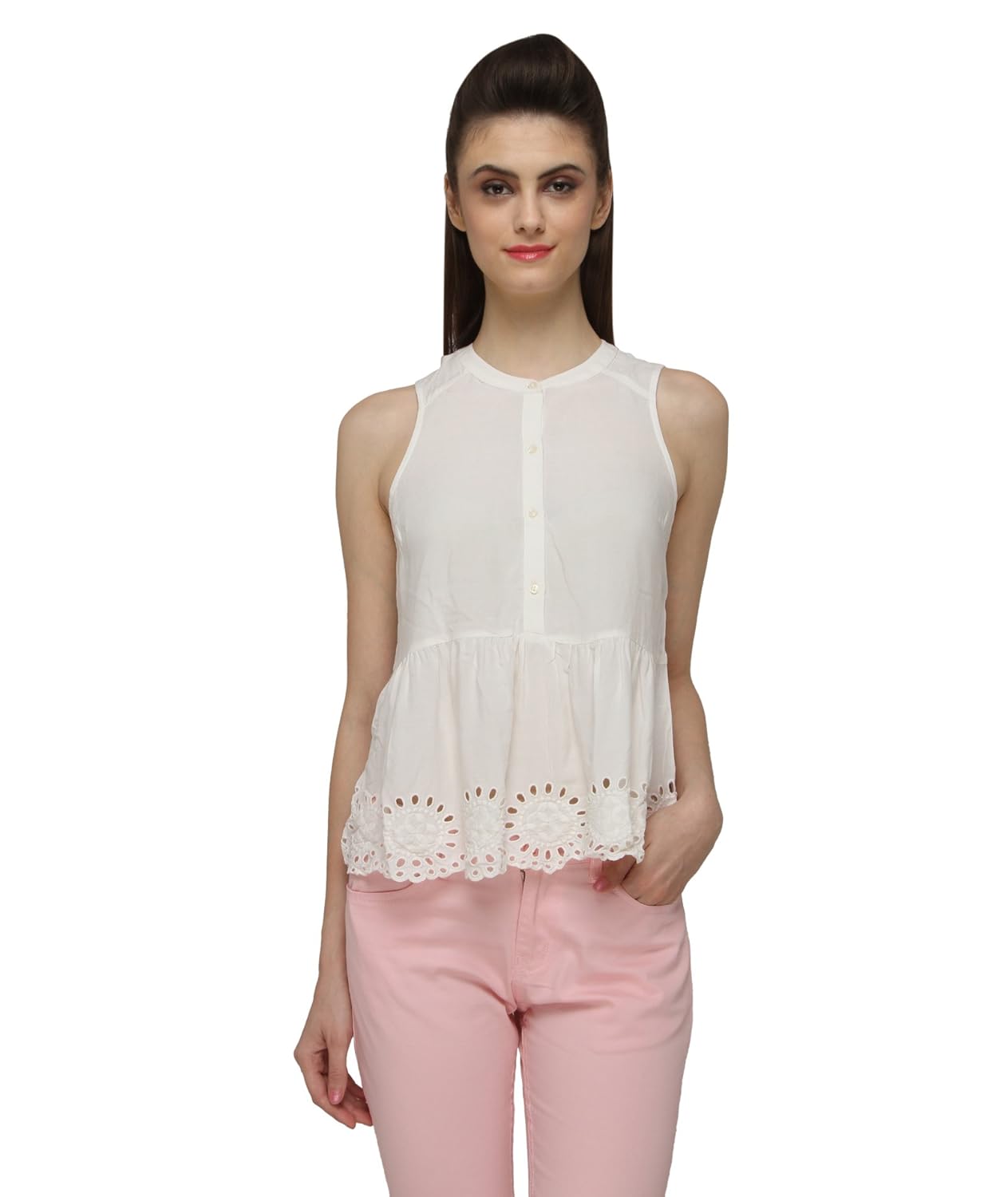 pepperika casual sleeveless solid women's off white top