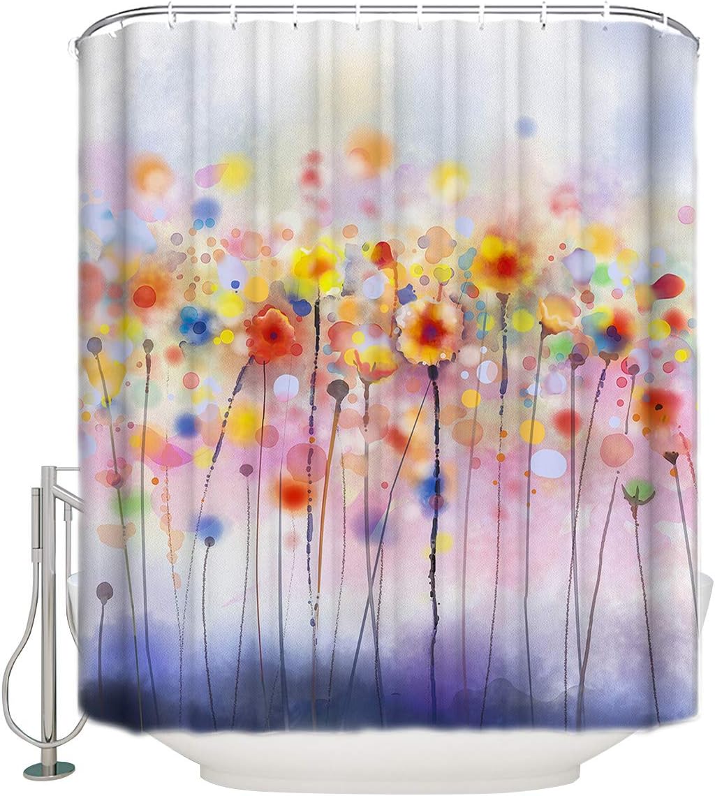 Watercolor Herbs Shower Curtain Weighted Hem Colorful Blossom Plants Floral Soft Multi Colors Blurred Style Decor Curtain Sets Polyester Waterproof Fabric Includes Hooks 36" x 72" Small Stall Size
