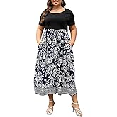 Nemidor Womens Plus Size Summer Short Sleeve Boho Print Flared Long Dress with Pocket NEM530