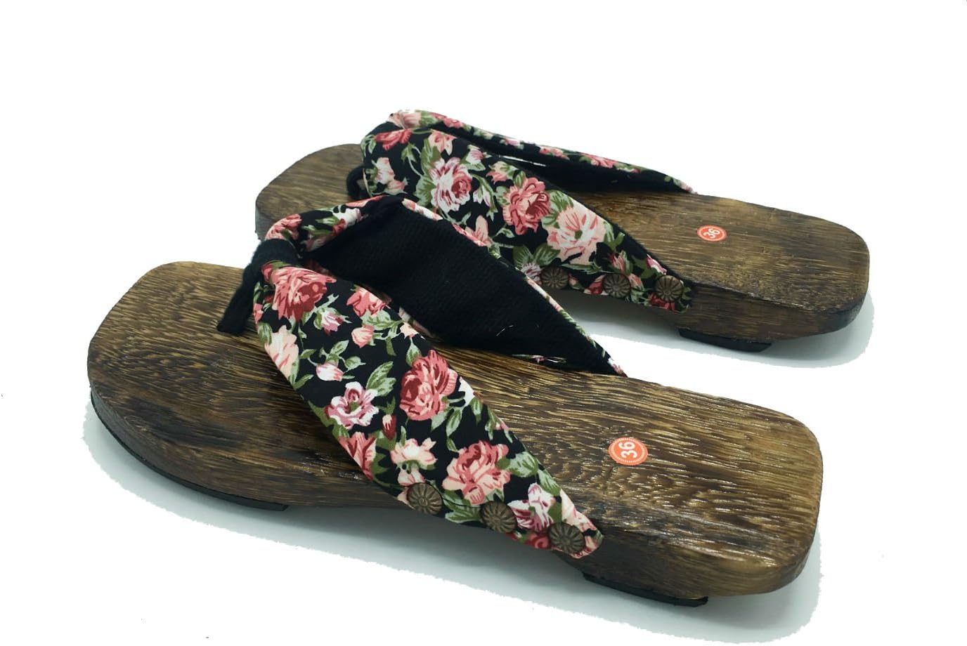Womens Japanese Style Wooden Floral Flat Heel Geta Sandals