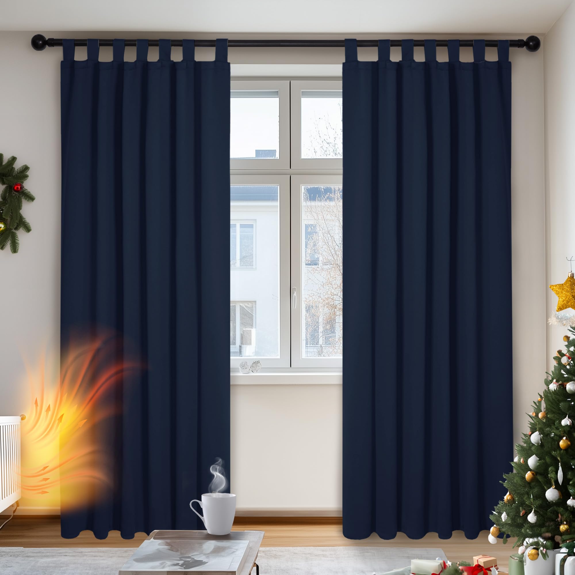 Deconovo Room Darkening Window Treatments Thermal Insulated Curtains Tab Top Blackout Curtains for Living Room Navy Blue W55 x L87 Inch One Pair