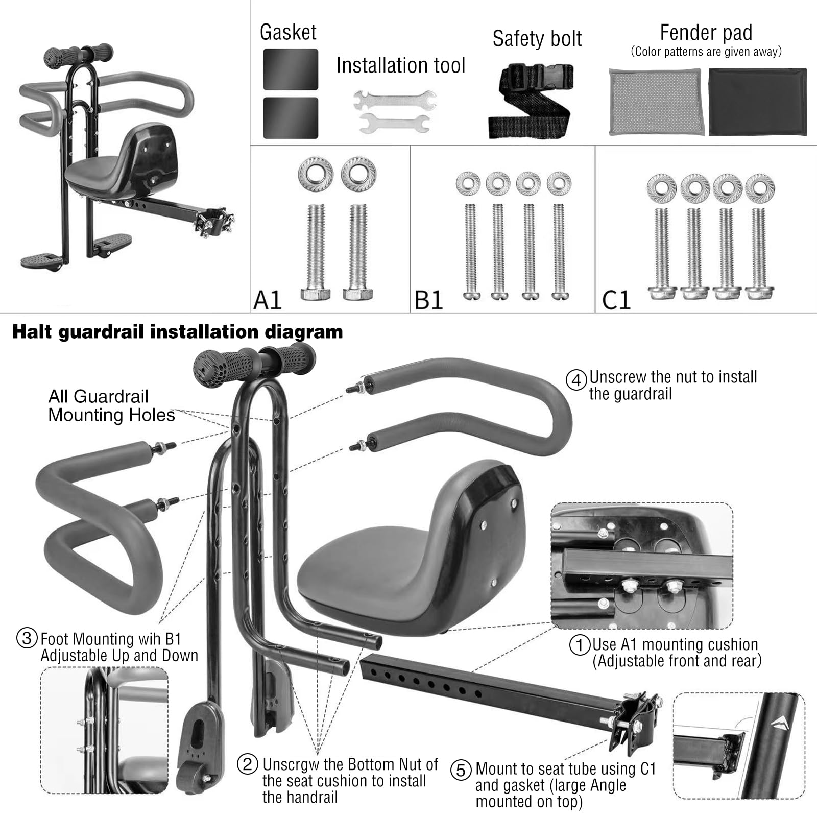 MEGHNA Bike Child Seat Front Mounted for Adult Bike Comfortable Baby Bike Seat with Backrest Adjustable Height and Position Bicycle Child Seat with Foot Pedals for Baby Toddle (Black - Style 1)
