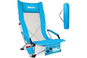 AKSOUL Folding Beach Chair for Adults: Low/High Back Chairs with Carry Bag - Extra Wide Seat Chair with Comfortable Pillow & Storage Pocket (1 Pack & 2 Pack, Blue)