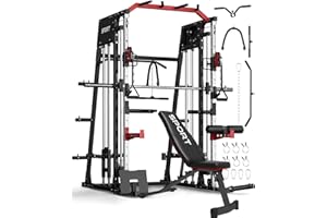 Smith Machine Home Gym with Bench, All-in-One Squat Cage, Dual LAT Pulldown & Cable Crossover, Power Rack for Full Body Stren