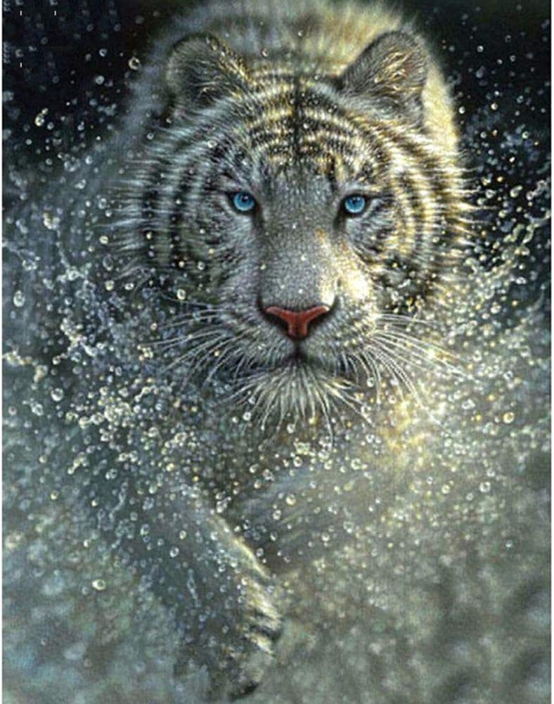 Megei DIY 5D Diamond Painting by Number Mosaic Kits Crystal Full Round Drill Diamond Rhinestone Cross Stitch Embroidery Arts Craft Canvas Home Decor-White Tiger