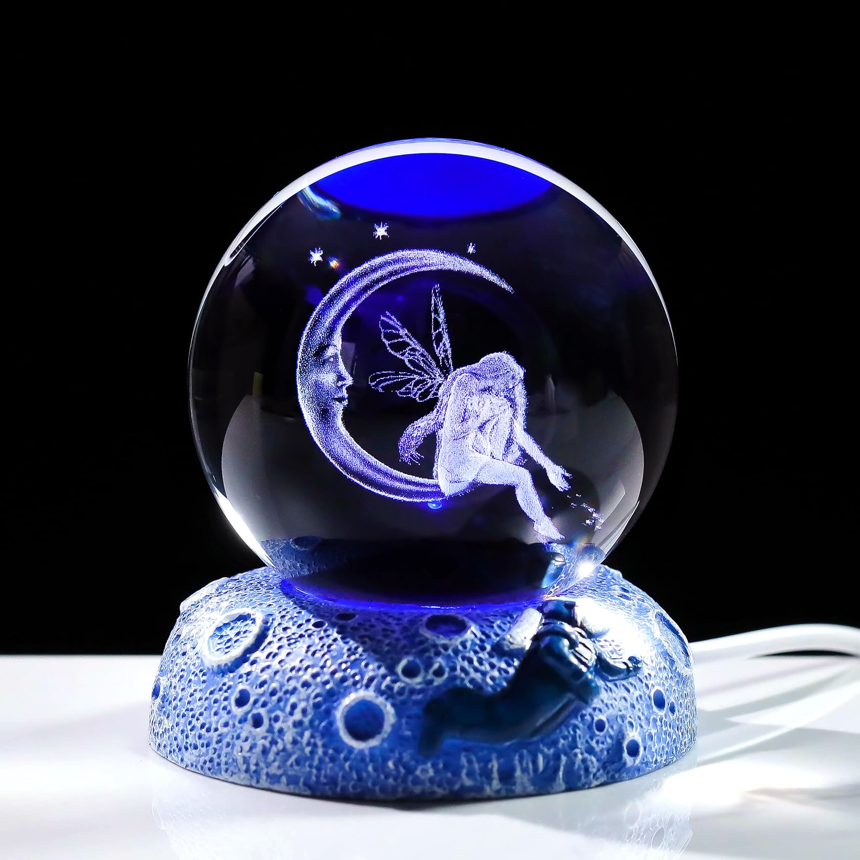 Movdyka Crystal 3D Fairy Moon Ball Figurine Gifts for Women, 6cm/2.36in. Sphere Decorative Ornaments for Room with Space Lights Base Keepsakes for Her Tinkerbell Lover Home Decor