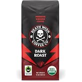 Death Wish Coffee Organic Dark Roast Ground Coffee, Fair Trade, 16 oz | Arabica &amp; Robusta Blend, Baker's Chocolate &amp; Cherry Notes, Low Acidity, Naturally High-Caffeine Robusta, Drip &amp; French Press