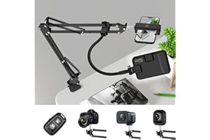 GEPEGE Overhead Phone Mount with 60 LED Portable Selfie Light and Phone Holder for Desk, Camera Mount Arm Stand with Remote, Overhead Stand for Video Recording, Live Streaming, TikTok, YouTube and Cooking
