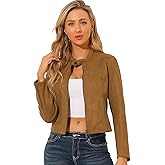 Allegra K Women's Faux Suede Jacket Stand Collar Zip Up Long Sleeve Motorcycle Biker Coat