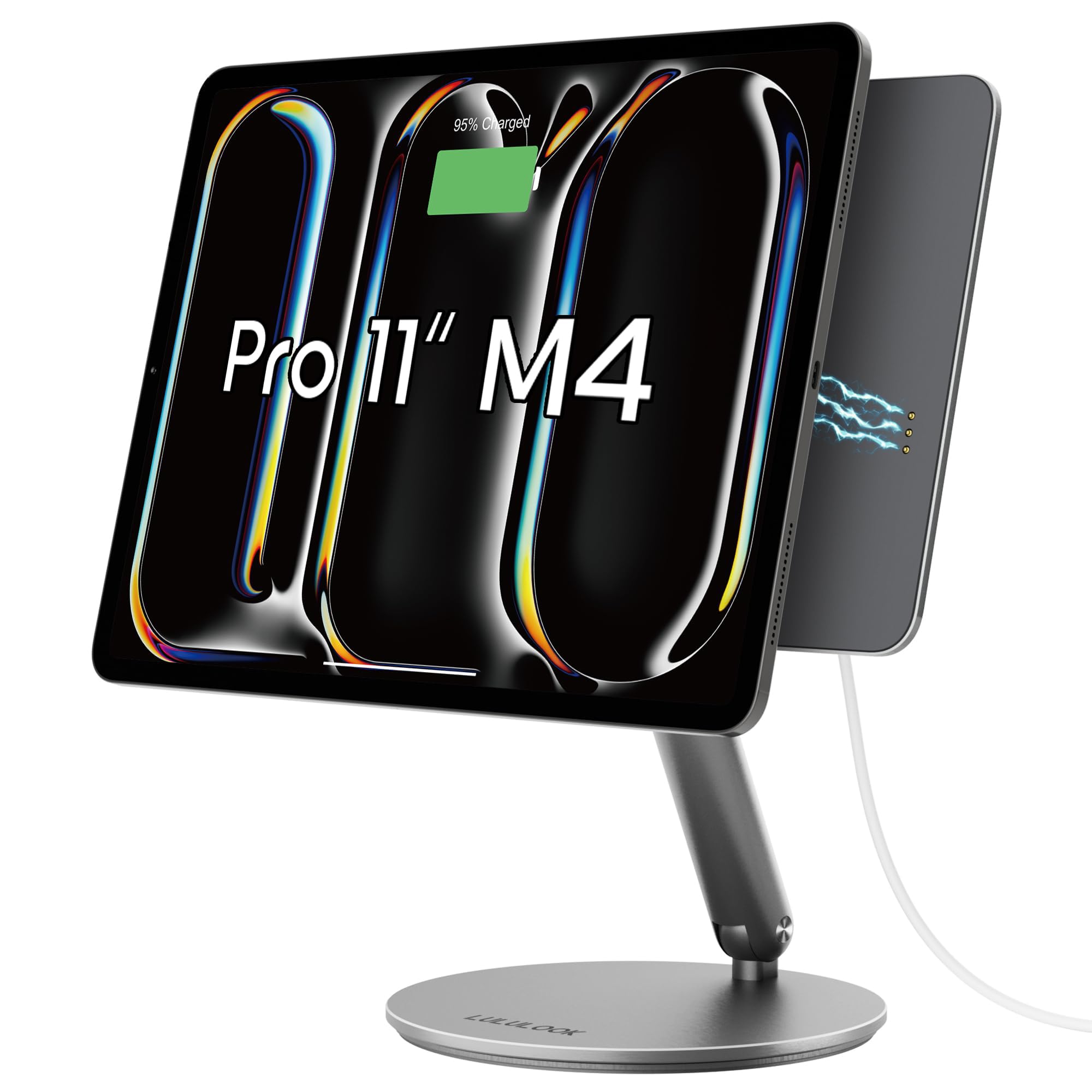 Photo 1 of LULULOOK Magnetic Wireless Charging Stand for iPad Pro 11" M4 (2024) Only, 360° Rotating Base with Anti-Slip Pad, Aluminium Alloy Foldable iPad Pro Stand Tablet Holder for Desk, USB C Cable Included