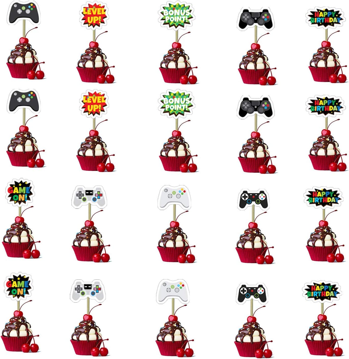 KRUCE 20 Pcs Video Games Cupcake Toppers,Gaming Party Supplies Cake Topper Themed for Kids and Adult Decor