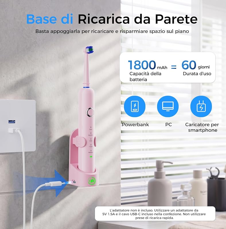 Spazzolino Elettrico Rotante per Denti Sensibili, Rosa