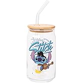 Silver Buffalo Disney Lilo and Stitch Glass Tumbler with Bamboo Lid and Glass Straw Featuring Stitch in an Elvis Costume, 16 Ounces