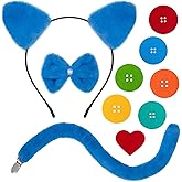 JIALWEN Blue Cat Costumes Set Cat Ears Headband and Tail Bowtie with 6 Button Patches & 1 Heart Patch Felt Stickers Halloween Cosplay Party Dress Up Accessories