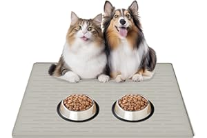 CINEZUN 32"x24" Large Silicone Pet Feeding Mat, Waterproof Non-Slip Dog and Cat Bowl Mat for Food & Water, Durable Floor Protector to Prevent Spills, Easy to Clean, Beige Gray