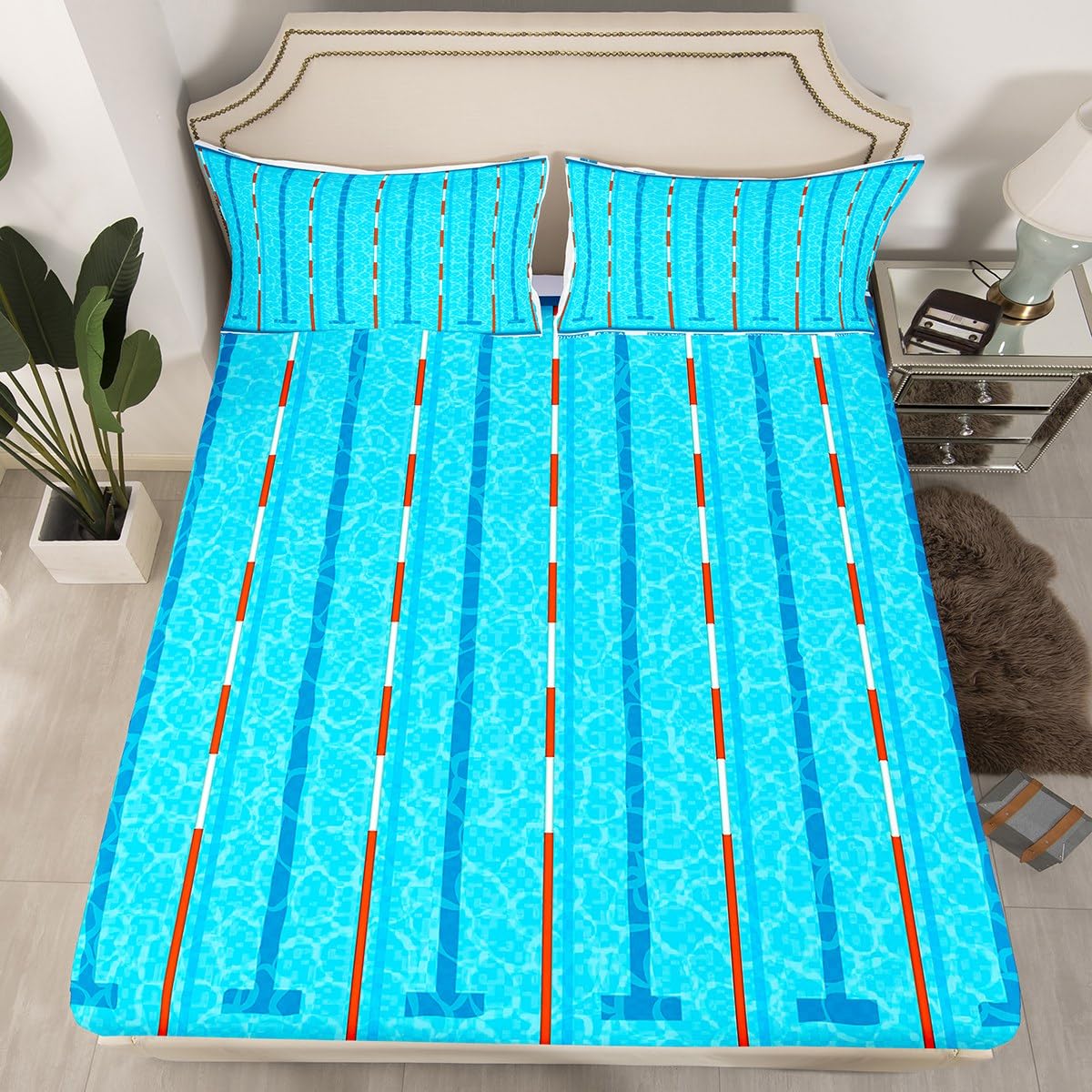 Photo 1 of Swimming Kids Fitted Sheet Twin Size,Swim Sports Games Modern Fashion Bedding Set,Boys Girls Adults Room Decor,Swimming Pool Chic Bed Cover,Blue Unique Bed Sheet,1 Pillowcase