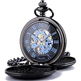 ManChDa Mechanical Roman Numerals Dial Skeleton Pocket Watches with Box and Chains for Mens Women