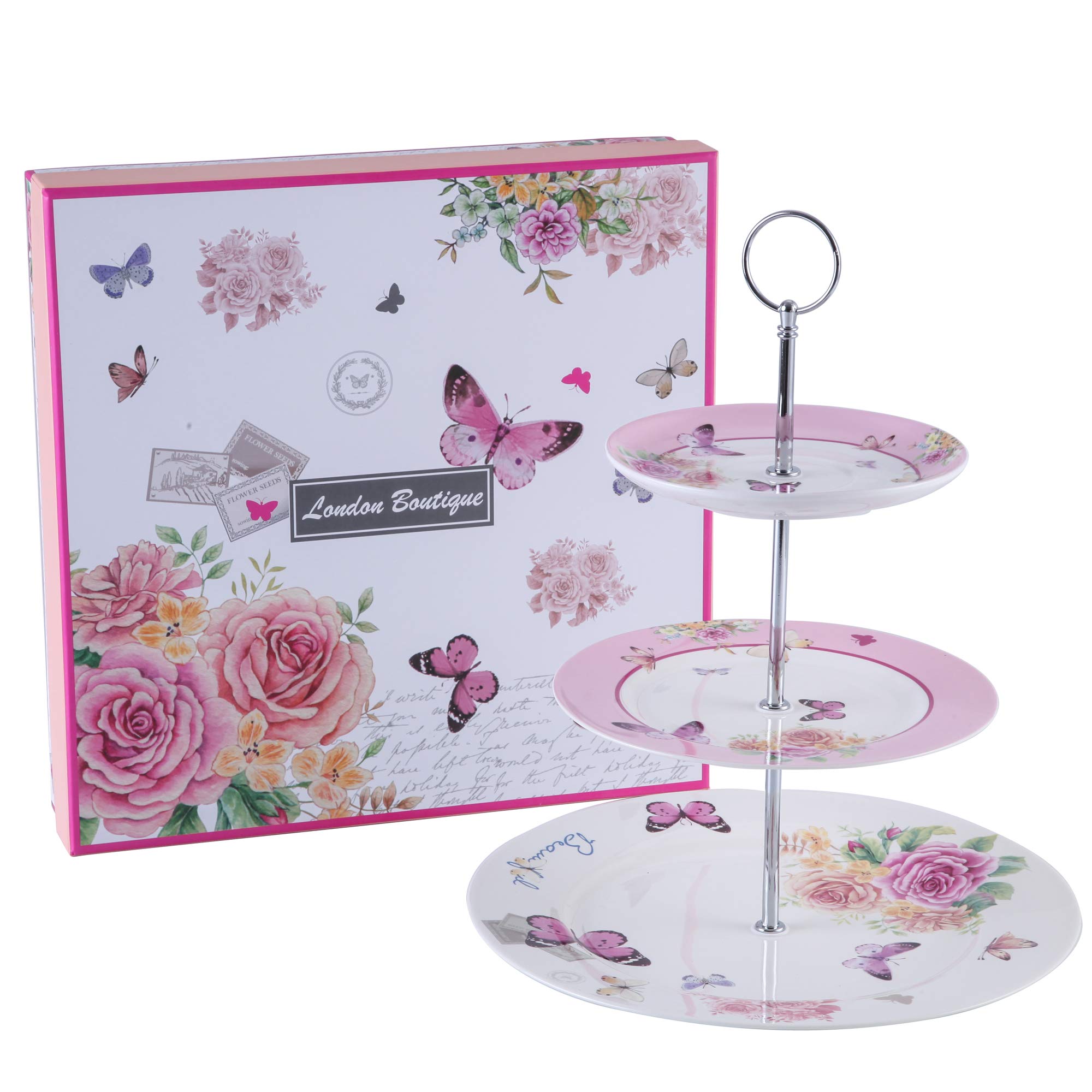 London Boutique Cake Stand afternoon tea stands 3 tier cake stand Vintage Flora Butterfly New Bone China Serving Plate for Tea Party High tea Gift for Her (Butterflies)
