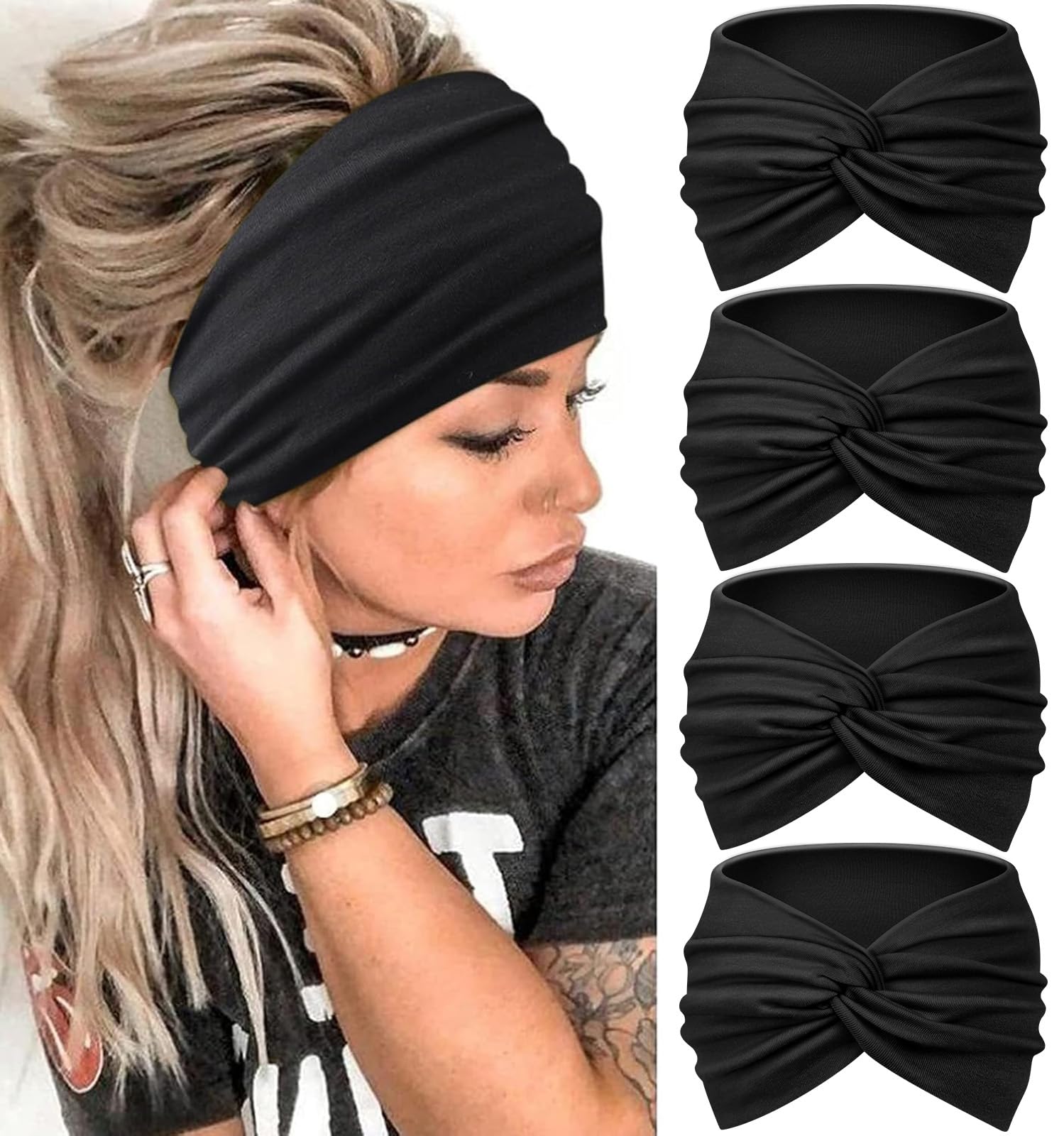 Blooms Wide Headbands for Women's Hair, Soft Headband Elastic Head Bands Adult Women Knotted Hair Bands for Women Yoga Fashion Head Band Hair Accessories 4 Pcs — image 1