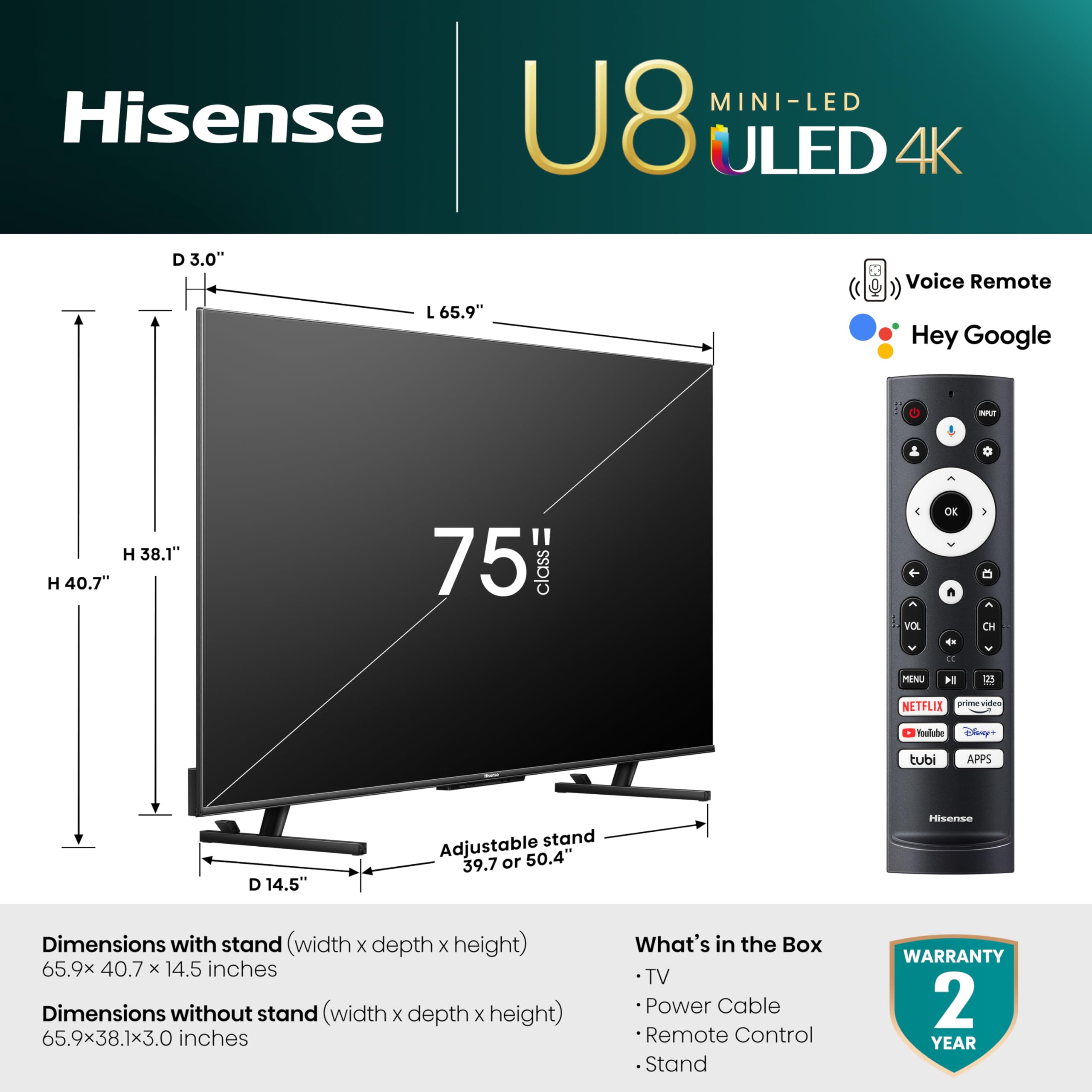 Hisense 75-Inch Class U8 Series Mini-LED ULED 4K UHD Google Smart TV (75U8K) - QLED, 480 Motion Rate, 144Hz Game Mode Pro, Dolby Vision IQ, HDMI 2.1, Alexa Compatibility, 2.1.2 Multi-Channel Audio