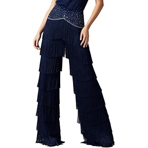 Sinleey Women's Latin Tango Salsa Dance Pants Layered Tassel Fringe Practice Pants Ballroom Dancewear