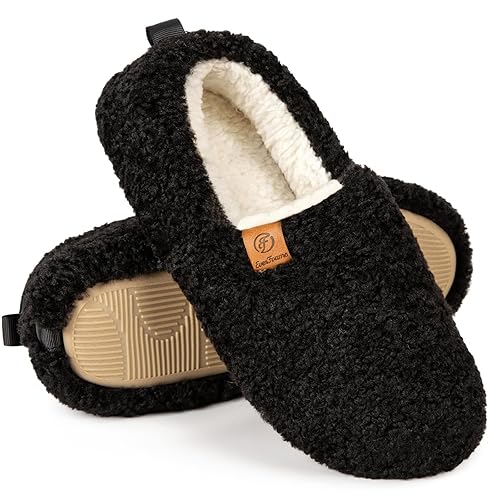 EverFoams Women’s Soft Curly Full Slippers Memory Foam Lightweight House Shoes Cozy Loafer with Polar Fleece Lining Black,9-10 US
