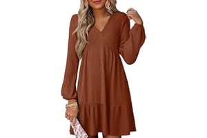 Dokotoo Fall Dresses for Women 2025 Long Sleeve V Neck Lightweight Ribbed Knit Empire Waist Casual A Line Swing Mini Dress