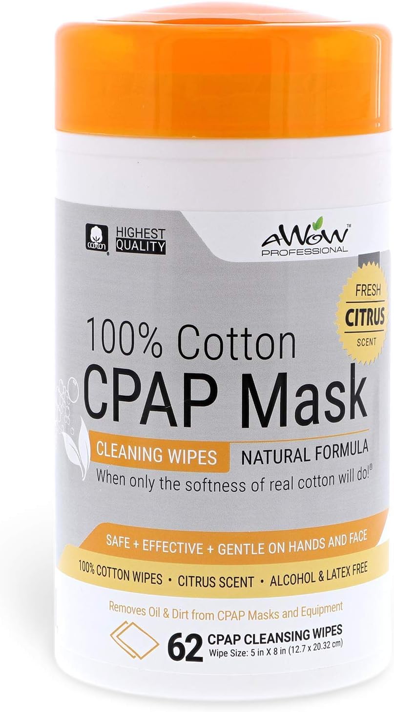 AWOW Professional Citrus Scented Cotton CPAP Mask Handy Wipes, 62 Wipes, Natural Formula,
