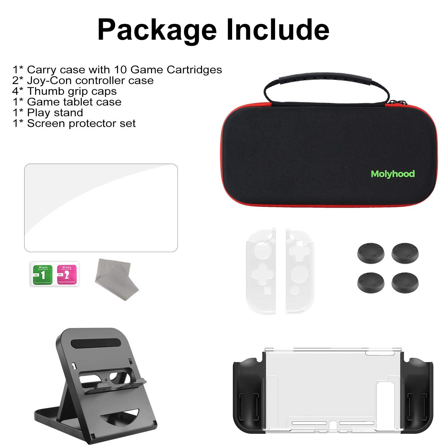 Molyhood 6 in 1 Accessories Kit for Nintendo Switch with Carrying Case, Game tablet case, Screen Protector, Joy-Con Controller Case, Thumb Grip Caps, Adjustable Stand, Portable Strap, play stand