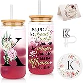 WINOWIMO Initial Glass Cups with Lids and Straws, Personalized Gifts for Women, Iced Coffee Cup Glass Tumbler, Birthday Bridesmaid Proposal Inspirational Customized Gifts for Her Girls (K)